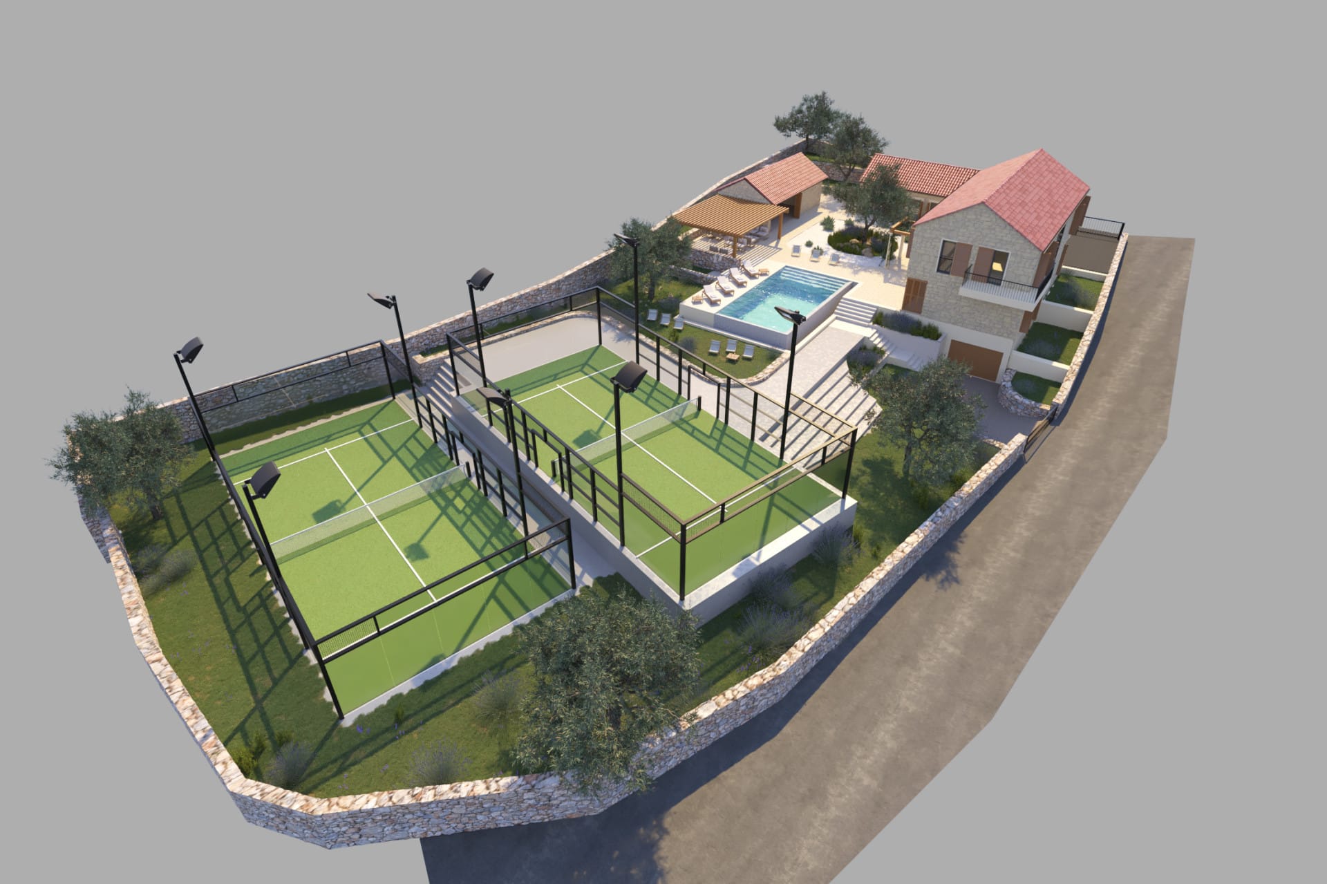 Padel resort with two padel playgrounds in the first plan, as seen at Padel Šolta resort in Croatia