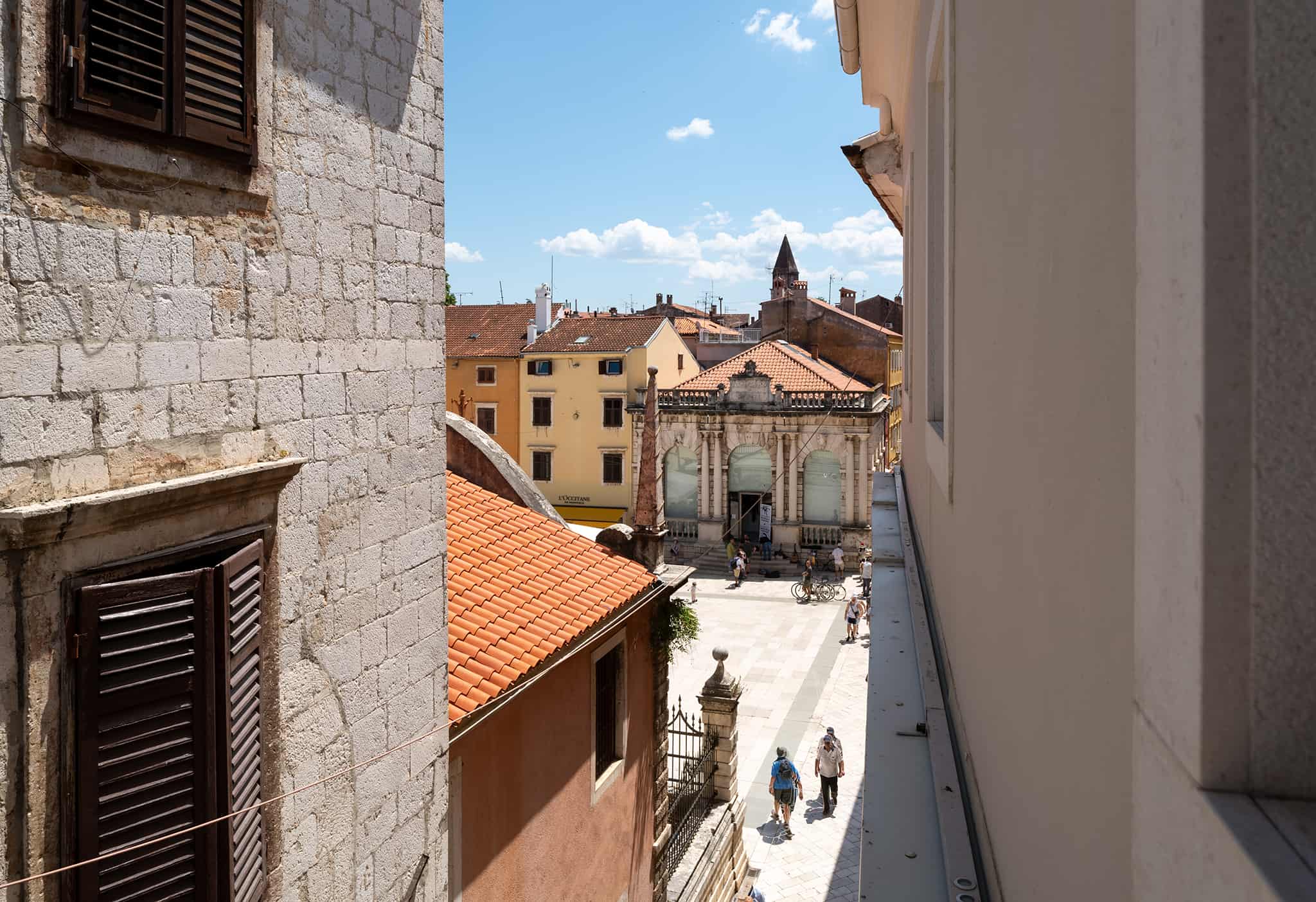 A view from Art Hotel Kalelarga onto People's Square in Zadar on a beautiful sunny day.