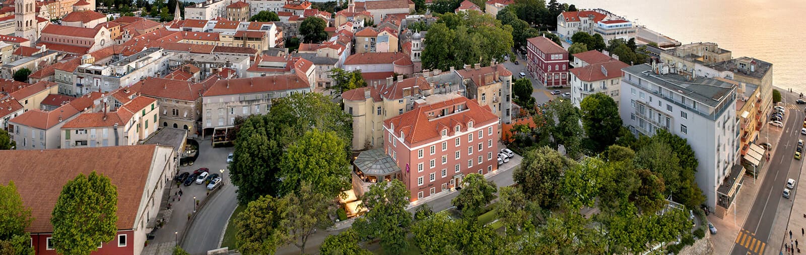 Bird view of Hotel Bastion in Zadar, together with the old town neighbourhood of Campo Castello