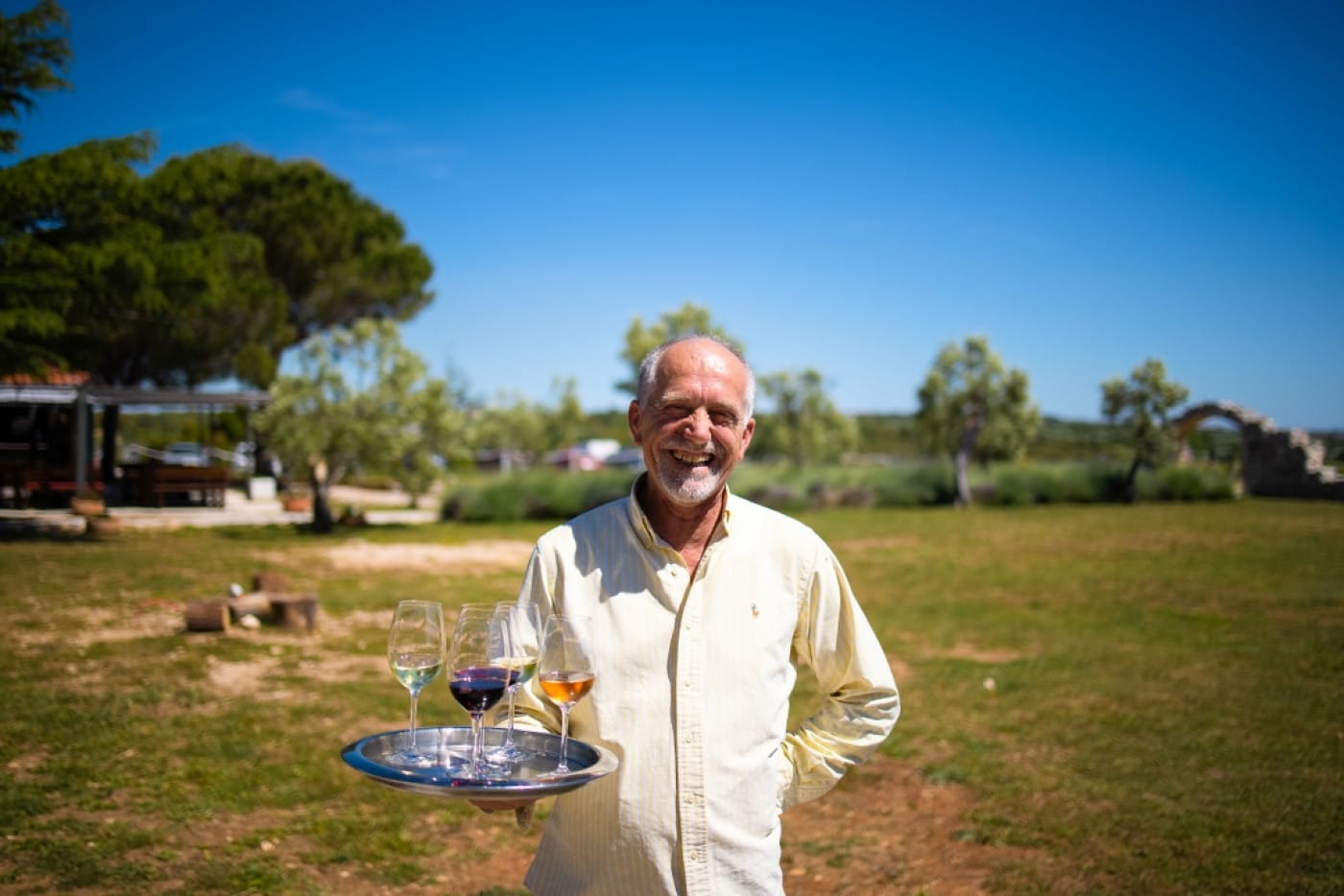 Zadar Cabrio Tour - Hinterland Wine Route in Kraljevski Vinogradi with a waiter serving wine 
