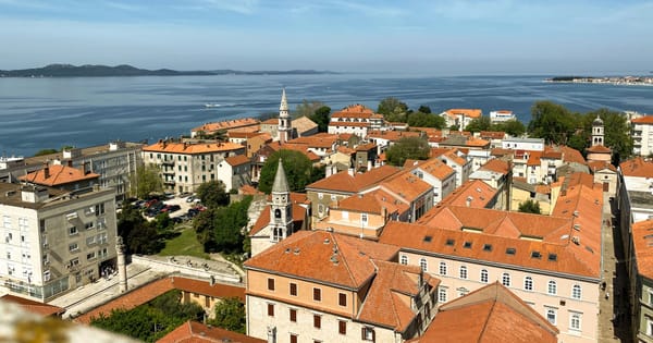 Aerial view of Zadar city center, with Zadar archipelago islands in the background